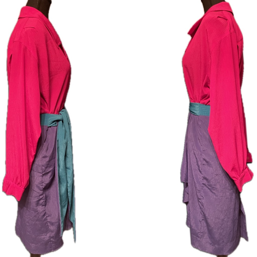 Vintage 80s Leslie Fay Petite Hot Pink Teal Purple Color Block Retro Wrap Dress - Picture 2 of 4